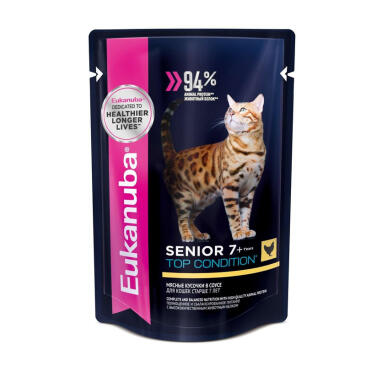 85гр Корм Eukanuba CAT SENIOR 7+ CHICKEN  для пожилых кошек с Курицей в соусе