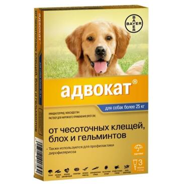 Капли на холку Bayer Адвокат Elanco от чесоточных клещей, блох и гельминтов для собак более 25кг, 1шт*4мл