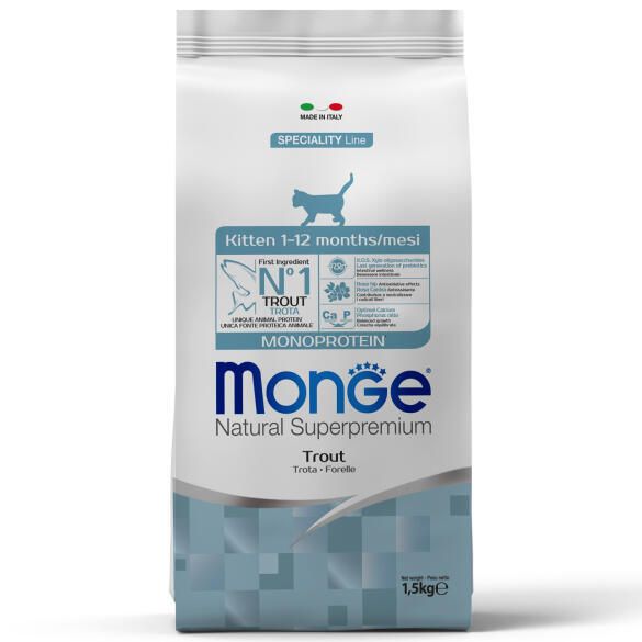 1,5кг Корм Monge Cat Monoprotein Kitten Trout Монопротеиновый для котят и беременных кошек с Форелью