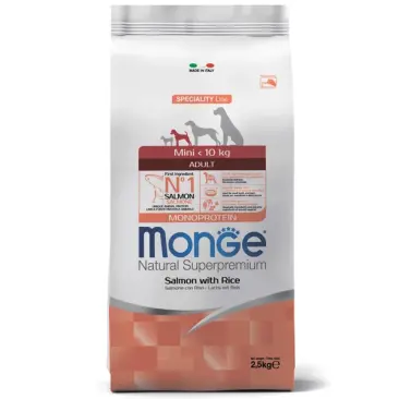 2,5кг Корм Monge Dog Monoprotein Mini Adult Salmon/Rice для взрослых собак мелких пород с Лососем и рисом