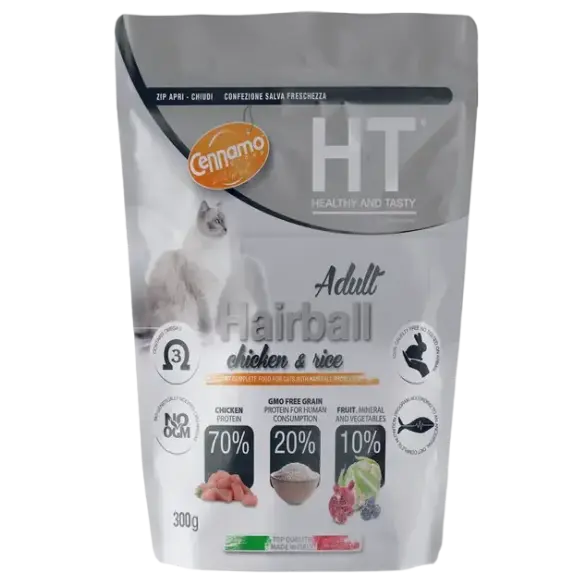 0,3кг Корм Cennamo HTC Adult HAIRBALL для взрослых кошек для вывода шерсти с Курицей и Рисом