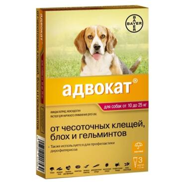 Капли на холку Bayer Адвокат Elanco от чесоточных клещей, блох и гельминтов для собак 10-25кг, 1шт*2,5мл