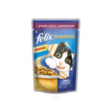 75гр Корм для кошек FELIX SENSATIONS с Уткой и Шпинатом в желе