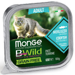 100гр Влажный корм Monge Cat BWild Grain Free Adult Merluz/vegetables беззерновой для взрослых кошек с Треской и овощами, паштет