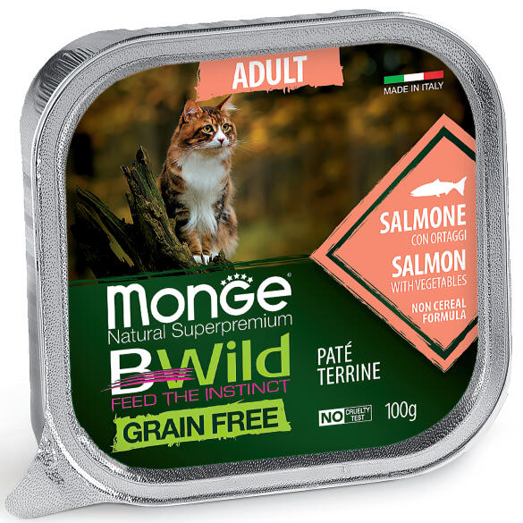 100гр Влажный корм Monge Cat BWild Grain Free Adult Salmon/vegetables беззерновой для взрослых кошек с Лососем и овощами, паштет