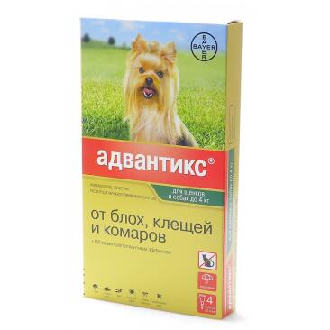 Капли на холку Bayer Адвантикс от блох, клещей и комаров для собак до 4кг, 1шт*0,4мл
