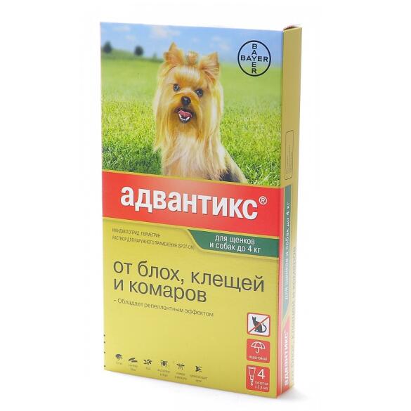 Капли на холку Bayer Адвантикс от блох, клещей и комаров для собак до 4кг, 1шт*0,4мл