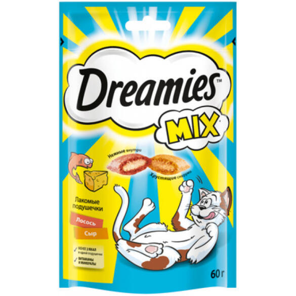60гр Лакомство Dreamies для взрослых кошек Mix с Лососем и Сыром