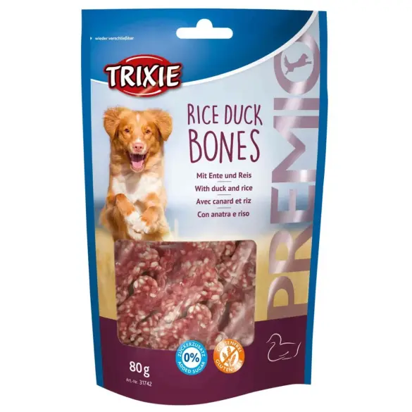 80гр Лакомство TRIXIE PREMIO для собак, косточки из утиного мяса с рисом, без глютена и сахара