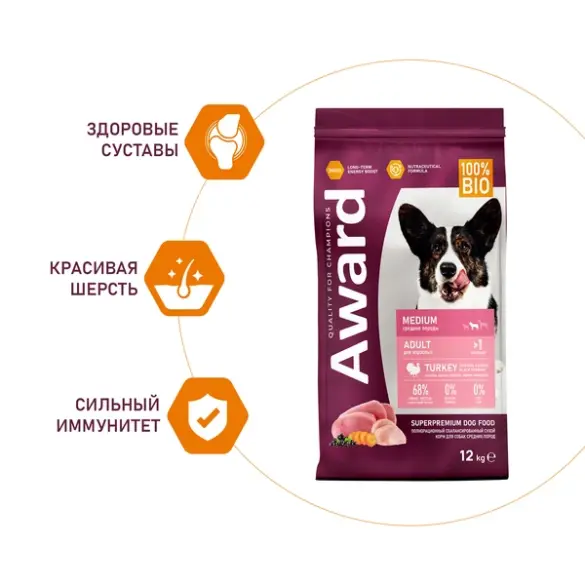 12кг Корм Award для взрослых собак средних пород с Индейкой и Курицей с добавлением моркови и черной смородины