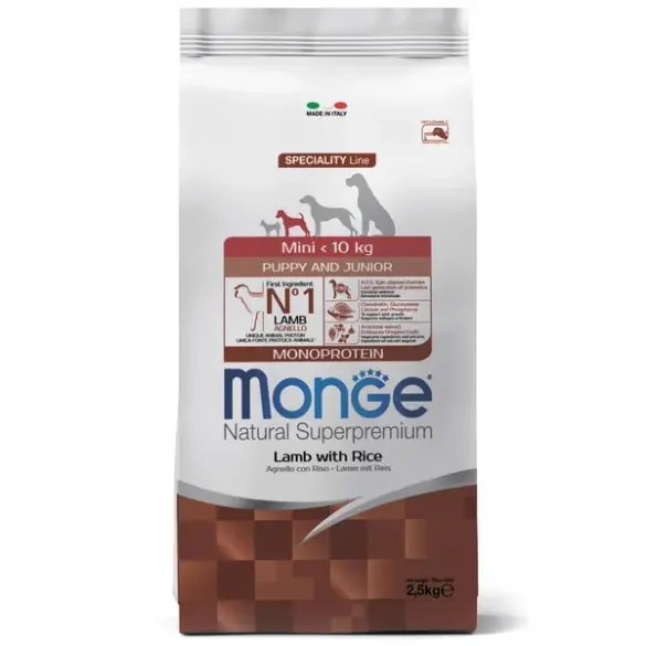 2,5кг Корм Monge Dog Monoprotein Mini Puppy&Junior Lamb/Rice для щенков мелких пород с 2 месяцев, c Ягненком и рисом