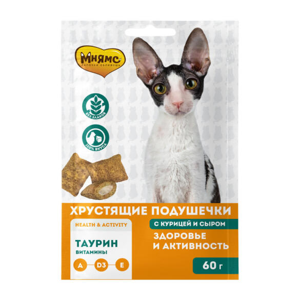 60гр Лакомство Мнямс "Хрустящие подушечки" для кошек с Курицей и сыром "Здоровье и активность"