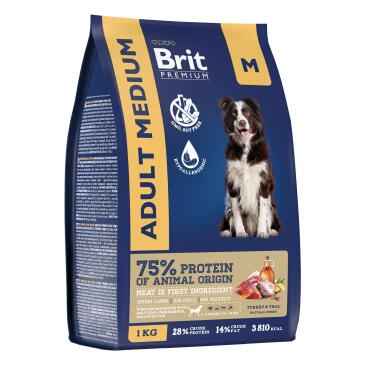 1кг Корм Brit Premium Dog Adult Medium для собак средних пород с индейкой и телятиной