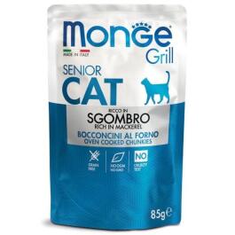 85гр Влажный корм Monge Cat GRILL Senior Mackerel для пожилых кошек с кусочками Скумбрии в желе (пауч)