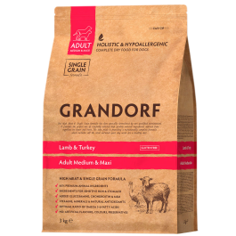 3кг Корм GRANDORF DOG Lamb&Turkey MEDIUM&MAXI BREEDS низкозерновой для собак средних и крупных пород, Ягнёнок с Индейкой