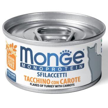 80гр Консервы Monge Cat Monoprotein беззерновые для взрослых кошек "Мясные Хлопья" из мяса Индейки с морковью