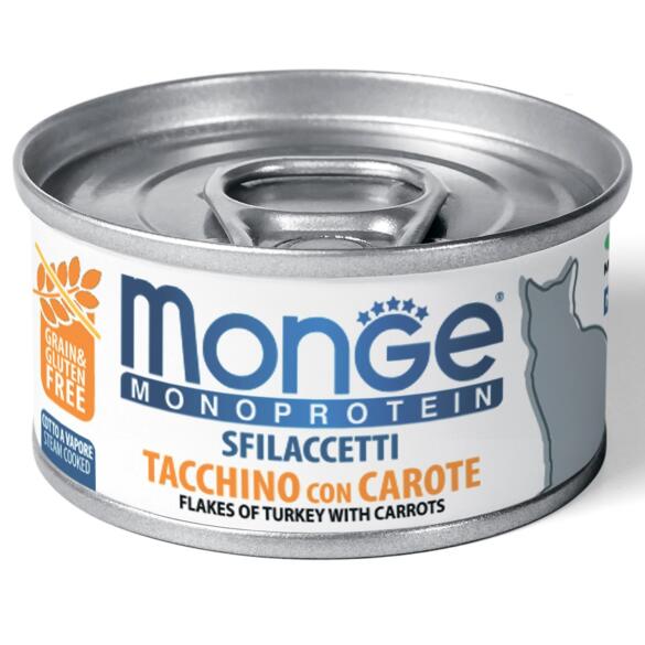 80гр Консервы Monge Cat Monoprotein беззерновые для взрослых кошек "Мясные Хлопья" из мяса Индейки с морковью