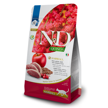 1,5кг Корм Farmina N&D Cat Quinoa Hairball для кошек против образования комочков шерсти с Уткой и яблоком