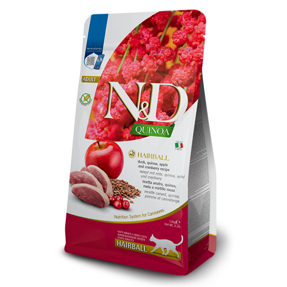 1,5кг Корм Farmina N&D Cat Quinoa Hairball для кошек против образования комочков шерсти с Уткой и яблоком