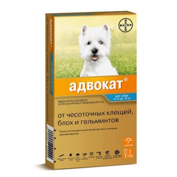 Капли на холку Bayer Адвокат Elanco от чесоточных клещей, блох и гельминтов для собак 4-10кг, 1шт*1мл