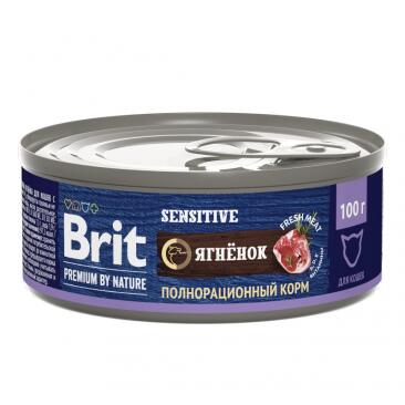 100гр Консервы Brit Premium Cat Sensitive для кошек с чувствительным пищеворением с мясом ягнёнка