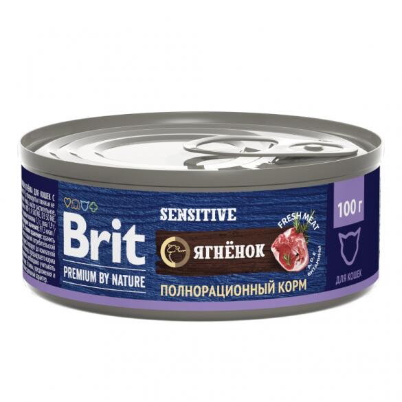 100гр Консервы Brit Premium Cat Sensitive для кошек с чувствительным пищеворением с мясом ягнёнка