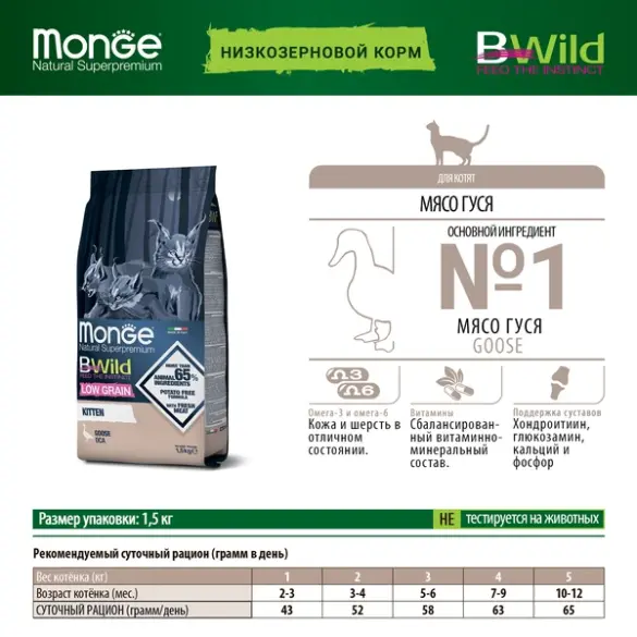 1,5кг Корм Monge Cat BWild Low Grain Kitten Goose низкозерновой для котят и беременных кошек с Гусем