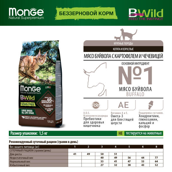 1,5кг Корм Monge Cat Bwild Grain Free Large Breed BUFFALO / POTATOES беззерновой для котят и взрослых кошек крупных пород с Буйволом и картофелем