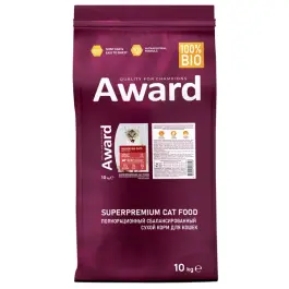 10кг Корм Award Indoor Big cats для взрослых домашних кошек крупных пород с Говядиной и Курицей с добавлением брокколи и юкки Шидигера