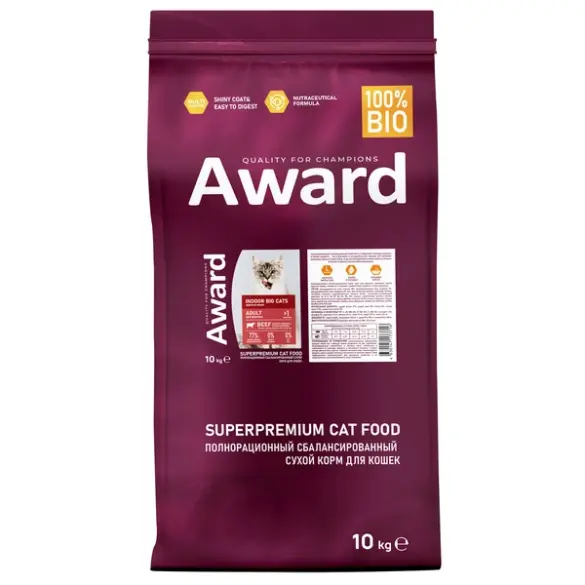 10кг Корм Award Indoor Big cats для взрослых домашних кошек крупных пород с Говядиной и Курицей с добавлением брокколи и юкки Шидигера