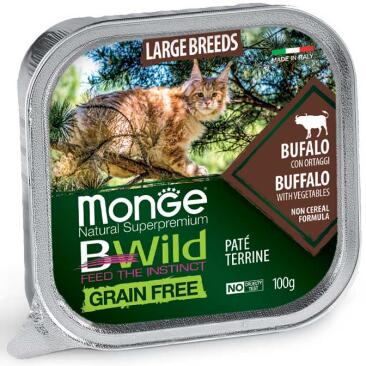 100гр Влажный корм Monge Cat BWild Grain Free Large Breeds Buffalo/vegetables беззерновой для котят и взрослых кошек крупных пород с Буйволом и овощами, паштет