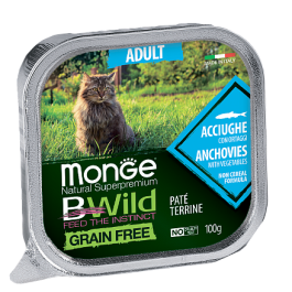 100гр Влажный корм Monge Cat BWild Grain Free Adult Anchovies/vegetables беззерновой для взрослых кошек с Анчоусами и овощами, паштет