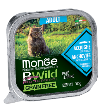 100гр Влажный корм Monge Cat BWild Grain Free Adult Anchovies/vegetables беззерновой для взрослых кошек с Анчоусами и овощами, паштет