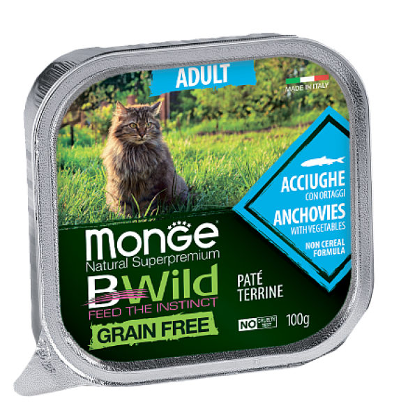 100гр Влажный корм Monge Cat BWild Grain Free Adult Anchovies/vegetables беззерновой для взрослых кошек с Анчоусами и овощами, паштет