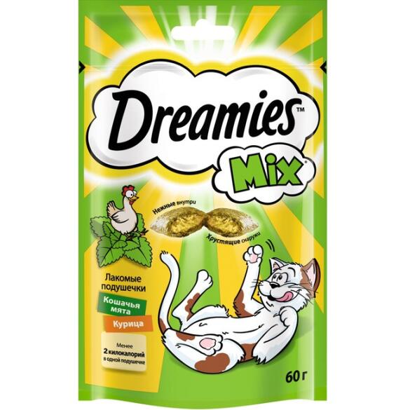 60гр Лакомство Dreamies для взрослых кошек с Курицей и кошачьей мятой