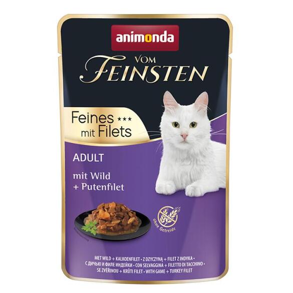 85гр Консервы Animonda Vom Feinsten Adult Filet  для взрослых кошек с дичью и филе индейки, кусочки в соусе (пауч)