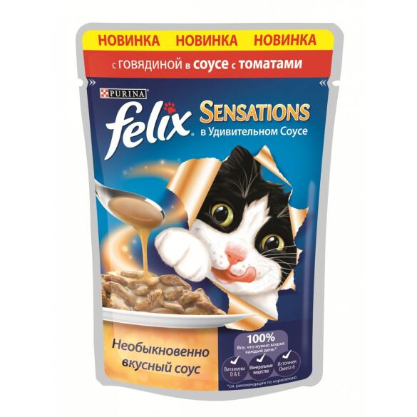75гр Корм для кошек FELIX SENSATIONS с Говядиной и Томатами в соусе