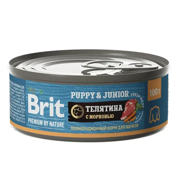 100гр Консервы Brit Premium by Nature для щенков всех пород с телятиной и морковью