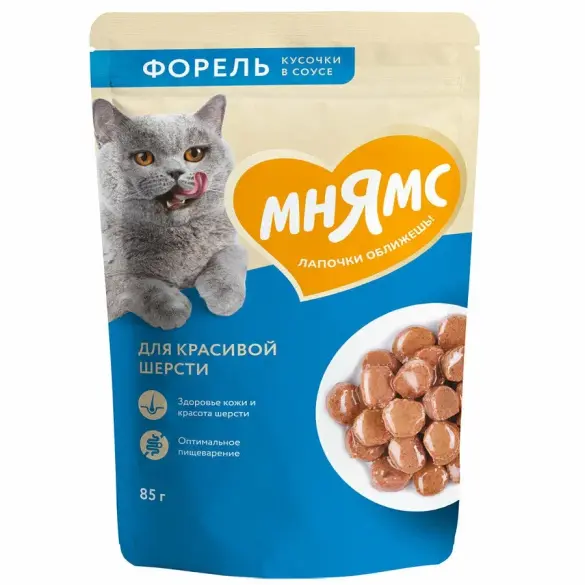 85гр Влажный корм Мнямс для кошек кусочки в соусе с Форелью