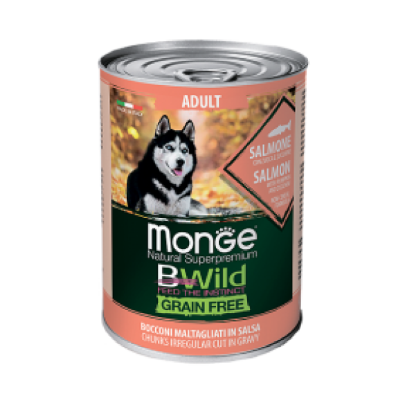 400гр Консервы Monge Dog BWild Grain Free Adult Salmon/Pumpkin&Zucchini для взрослых собак с Лососем, тыквой и цукини