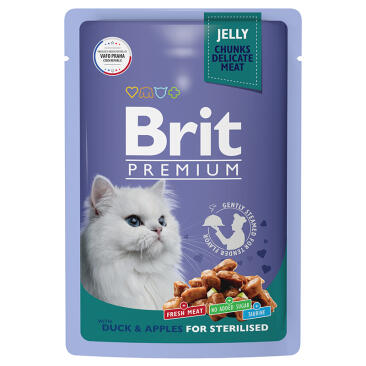 85гр Корм для стерилизованных кошек Brit Premium утка с Яблоками в желе