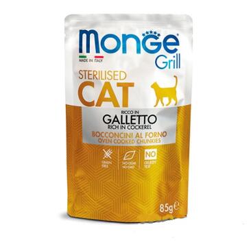 85гр Влажный корм Monge Cat GRILL Sterilised Cockerel для стерилизованных кошек с кусочками Курицы в желе (пауч)