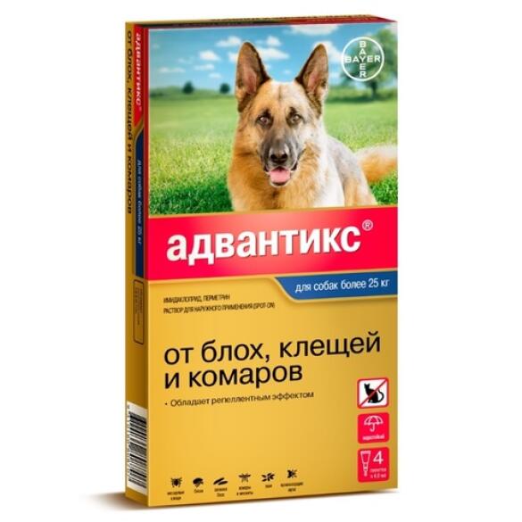 Капли на холку Bayer Адвантикс от блох, клещей и комаров для собак более 25кг, 1шт*4мл