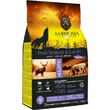 2кг Корм сухой холистик "AMBROSIA GRAIN FREE" для собак всех пород, Оленина с ягненок