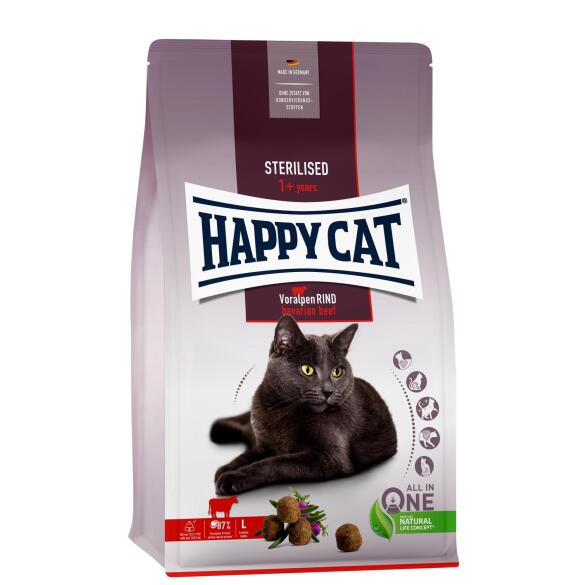1,3кг Корм Happy Cat Steril Voralpen-Rind 37/10,5 для кастрированных котов и стерилизованных кошек с мясом баварской Говядины и птицы