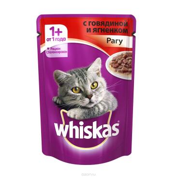 75гр Корм для кошек WHISKAS рагу с Говядиной и Ягненком