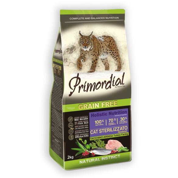 2кг Корм Primordial Holistic Grain-Free Cat Neutered Turkey & Herring для взрослых стерилизованных кошек с Индейкой и сельдью