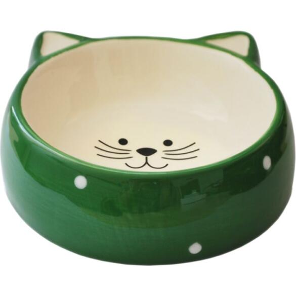 Миска керамическая HomePet в форме кошки, зеленая, горох 12,5*12,5*3,8см, 180мл