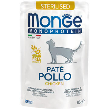 85гр Влажный корм Monge Cat Monoprotein Sterilised Chicken для стерилизованных кошек с Курицей, паштет (пауч)