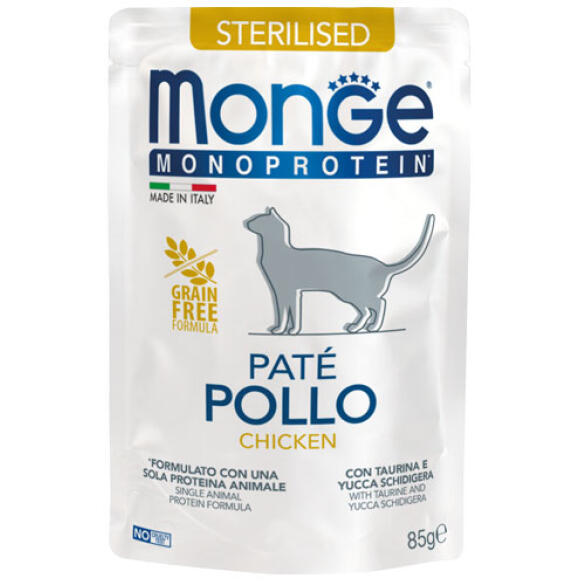 85гр Влажный корм Monge Cat Monoprotein Sterilised Chicken для стерилизованных кошек с Курицей, паштет (пауч)